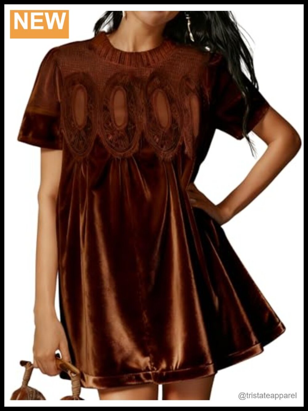 Velvet Lace A-Line Pleated Swing Babydoll Scallop Neck Mini Dress